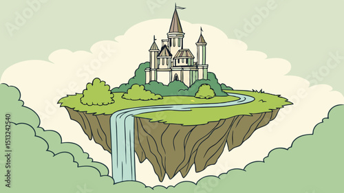 Generated AI Fantasy World Floating Castle Vector Map - Flat Design Illustration