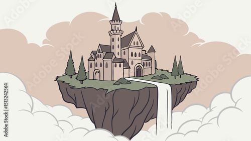 Generated AI Fantasy World Floating Castle Vector Map - Flat Design Illustration
