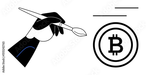 Hand with paintbrush near Bitcoin symbol, merging creativity and finance. Ideal for blockchain, cryptocurrency, digital economy, fintech, artistic innovation, decentralized systems, flat simple