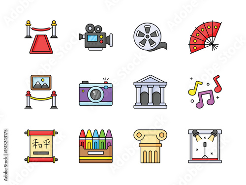 Twelve colorful icons including red carpet video camera movie reel fan camera musical notes stage and more
