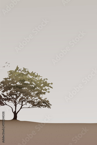 Minimalist landscape with silhouette lonely tree in autumn have dusk sky vertical background graphic illustration.