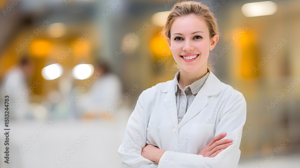 Obraz premium A confident young female doctor smiling in a white coat, embodying professionalism and trust in healthcare. 
