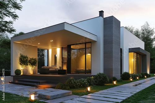 Modern minimalist house exterior illuminated at dusk, featuring large glass windows, cozy patio with ambient lighting and landscaped garden path photo