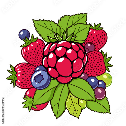 Vibrant Berry Cluster Illustration: Raspberries, Strawberries, Blueberries & Grapes