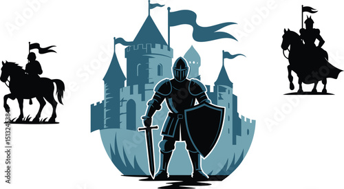 Medieval Knight in Armor with Castle Silhouette, Chivalry, Courage, Protection, Fortress, Warrior, Kingdom, Defense, Shield