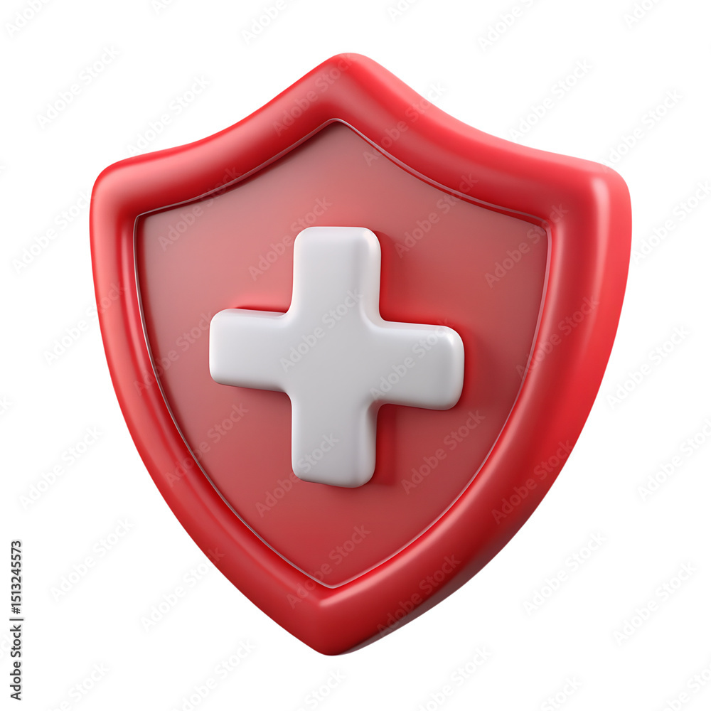 Obraz premium A 3d rendering of a red shield with a white medical cross featuring a plastic-style icon on a transparent background