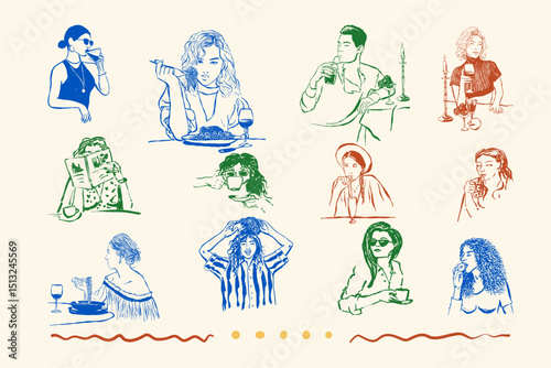 A collection of hand-drawn ink illustrations of people in everyday scenes, perfect for advertising, editorial content, social media, print and design.
