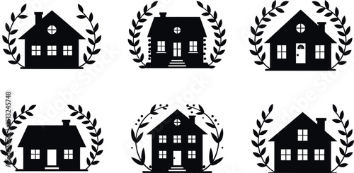 Silhouette House with Laurel Wreath, Home Symbol, Real Estate Icon, Property Logo, Residential Building, Estate, Dwelling