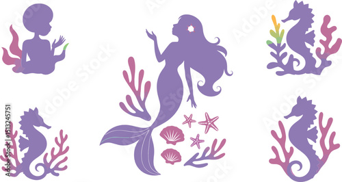 Silhouette Illustration of Sea Creatures on Black Background: Mermaid, Seahorse, Coral, Starfish, Shells, Ocean Life