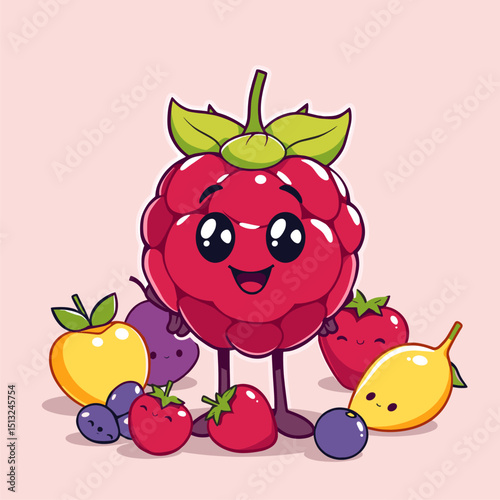 Happy Raspberry with Berry Friends: Cute Cartoon Fruit Illustration