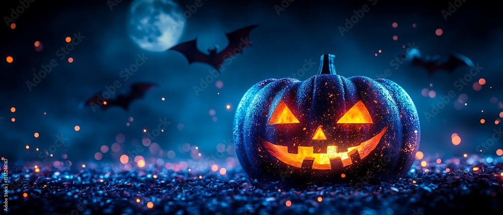 Fototapeta premium Halloween Jack-o'-lantern glows in the night