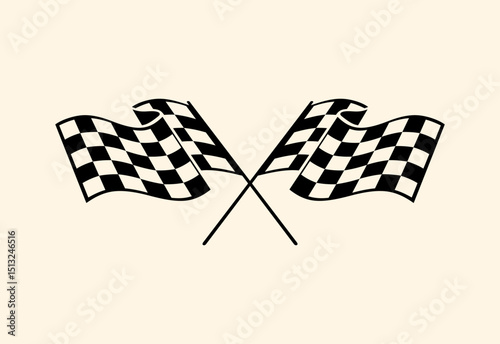 two crossed black-and-white checkered flags, symbolizing a race finish line, in a clean, minimalist style on a beige background. illustration, racing icon, racing vector, sports icon, graphic design