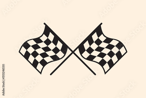two crossed black-and-white checkered flags, symbolizing a race finish line, in a clean, minimalist style on a beige background. illustration, racing icon, racing vector, sports icon, graphic design, 