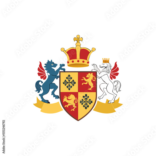 Royal Coat of Arms with Crown, Lions, and Mythical Beasts
