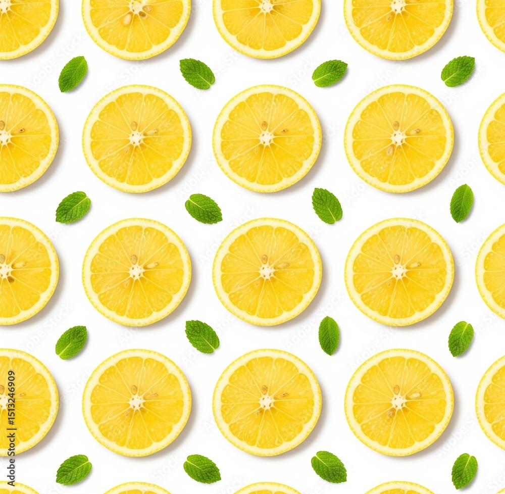 Seamless Lemon Slice Pattern with Mint on White Background Seamless Lemon Slice Pattern with Mint on White Background