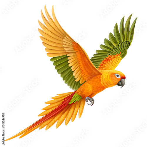 Sun Parakeet in Flight Vibrant Orange Green Wings Tropical Bird Exotic Avian Wildlife Nature Artwork