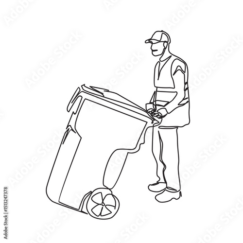 One Line Drawing of Garbage Worker with Wheeled Trash Can, janitor vector illustration