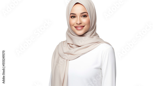 A beautiful young woman in hijab and smiling at the camera, isolated on transparent background. PNG