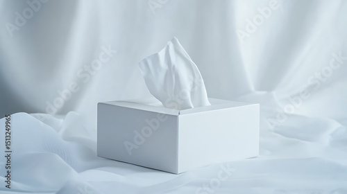 Close up of a white tissue box with tissues sticking out against a white fabric background