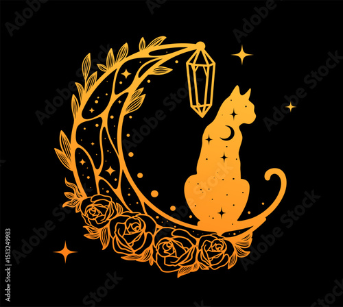 Vector illustration of a magical cat silhouette with a galactic theme. Features starry night elements, dreamy colors of blue, purple, and black, and a cosmic, mystical atmosphere perfect for fantasy, 