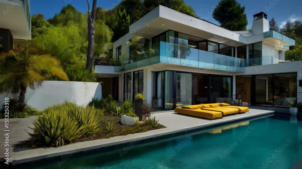 custom made wallpaper toronto digitalLuxurious modern house with swimming pool and manicured landscaping set within natural, green landscape on a bright sunny day.