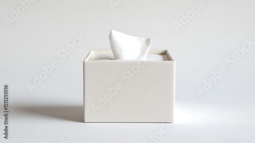 A simple image of a white tissue box with a tissue sticking out against a white background studio shot