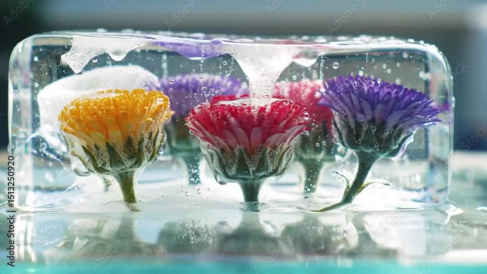 Colorful Flowers Frozen in Ice Block, Close-Up Still Life Video
