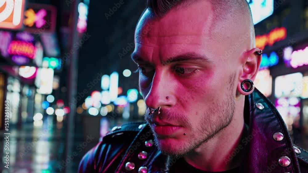 Punk male with distinctive mohawk and piercings standing confidently under vibrant neon illumination, embodying urban nightlife subculture through edgy personal style