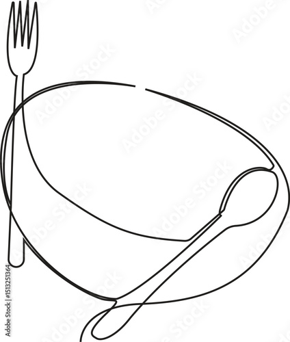 continuous one line Art of Bowl, Spoon, and Fork – Kitchenware, Vector Illustration.