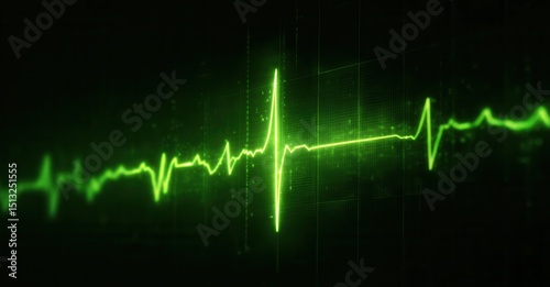 Bright green heart rate monitor display against a black background, showing a consistent heartbeat with gridlines, emphasizing vitality.