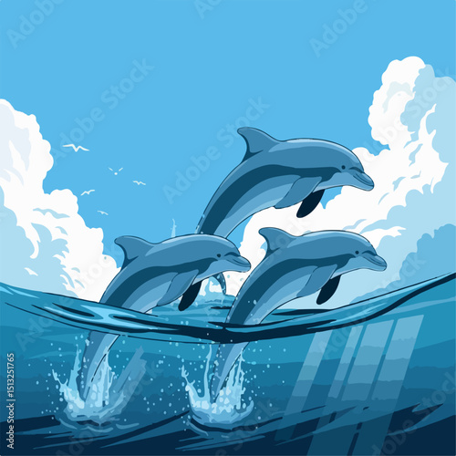 illustration, cartoon, sea, underwater, animal, dolphin, mammal, ocean, water, nature, character, aquatic, blue, vector, drawing, fin, marine, wildlife, fun, cheerful, fish, art, design, cute, creatur photo
