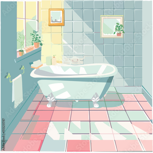 apartment, illustration, home, bathroom, graphic, vector, design, flat, towel, interior, sink, image, decor, modern, mirror, style, furniture, room, cartoon, art, architecture, white, domestic, bath, 
