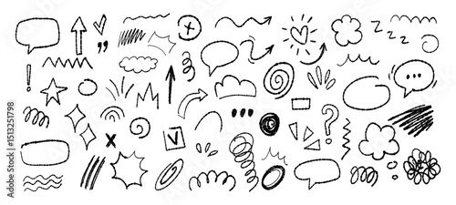 Sketch underline, emphasis, arrow shape set. Hand drawn abstract scribbles and squiggles, creative various shapes.Cartoon style manga doodle line expression scribble anime mark collection.