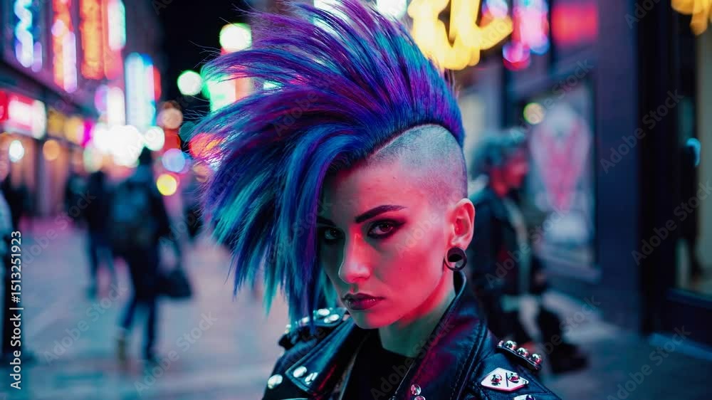 Punk woman blue mohawk leaning against neon-lit urban backdrop, embodying rebellious attitude and distinctive personal aesthetic in nighttime cityscape