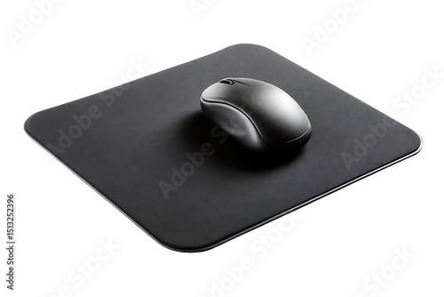 Black computer mouse on pad isolated on a white background