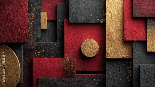 Abstract geometric composition with red, black, and gold textures