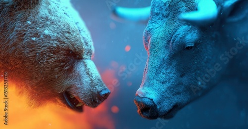 Stylized digital illustration of a fierce bear and a bull facing each other, symbolizing opposing forces, set against a dramatic backdrop.