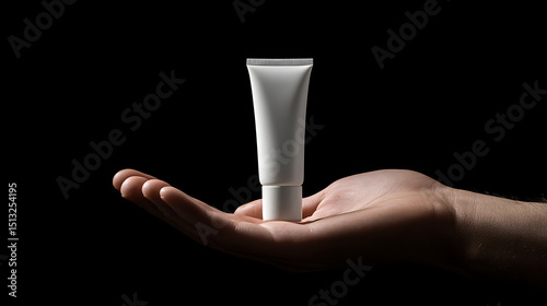 A hand holding a white tube of cream against a stark black background in a studio setting showing detail