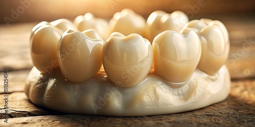 Vintage Style Close-up of Porcelain Dental Crowns with Soft Lighting, Textured Background, and Elegant Aesthetic for Dental Health and Aesthetic Dentistry Photography