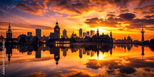 Vintage Cityscape Silhouette at Twilight with Urban Architecture and Water Reflection of Sunset