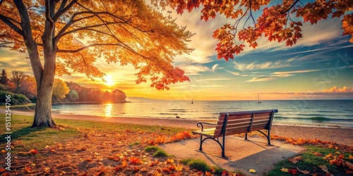Vintage Style Park Bench Surrounded by Autumn Leaves and Sunset Beach Guitar Melody