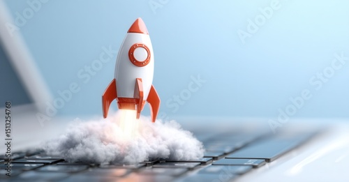 Rocket Launch: A classic rocket takes off from a laptop, symbolizing technological advancement and startup success. Innovation takes flight.