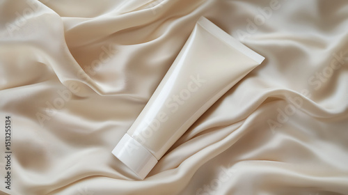 White tube of lotion resting on a beige silk fabric creating an elegant and luxurious presentation style
