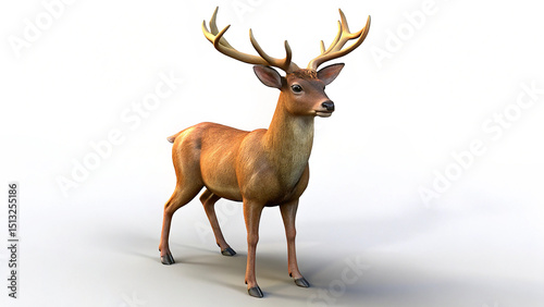 A realistic 3d render of a majestic brown deer with large antlers on white background
