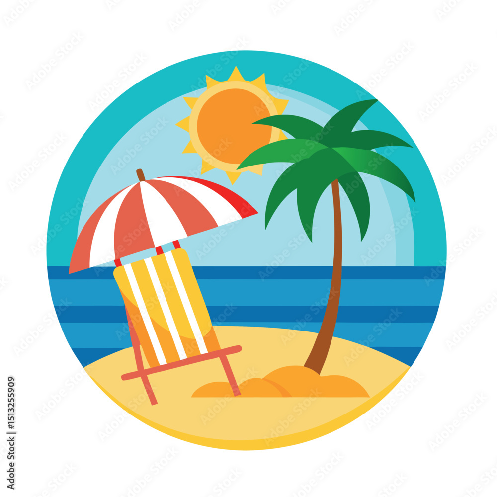 Obraz premium Summer day beach vector t-shirt design with sun, palm tree, beach chair and beach umbrella 