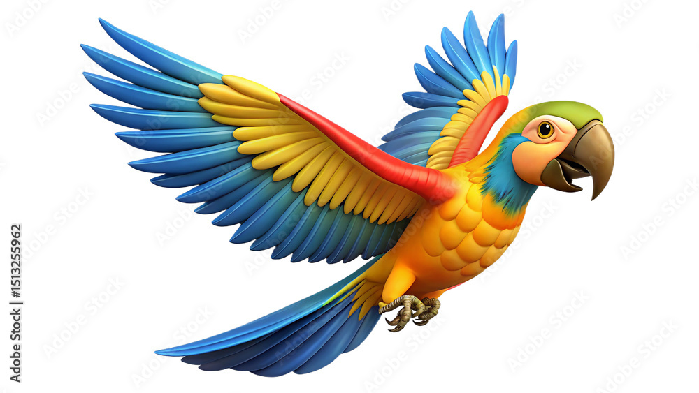 Fototapeta premium Colorful animated macaw parrot in flight with spread wings and vibrant feather details
