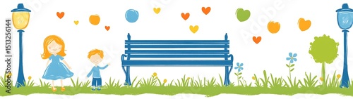 Park scene with children and a bench