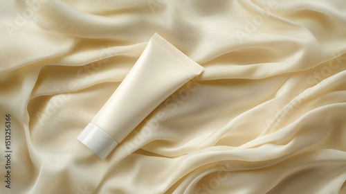 Cream tube of product on soft rippled cream fabric creating a luxurious and elegant presentation
