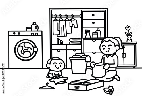 Mother teaches son how to fold clothes 