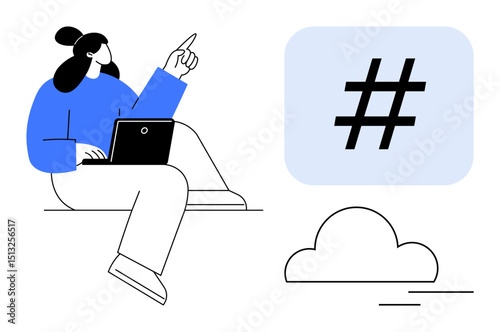 Woman seated with laptop, pointing at a large metadata tag symbol beside a cloud element. Ideal for social media, content creation, digital marketing, online trends, hashtags, communication, simple